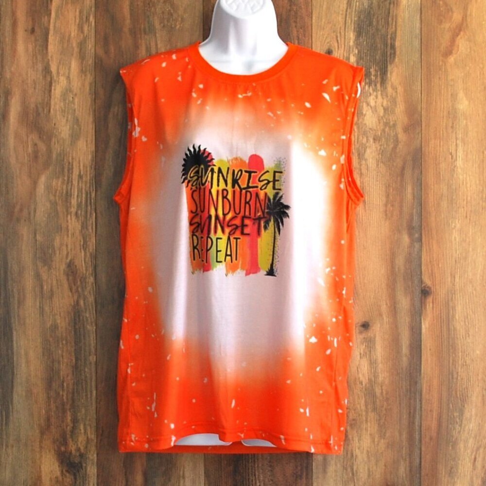 "Sunrise Sunburn Sunset Repeat" Beach Life Sleeveless Tee L